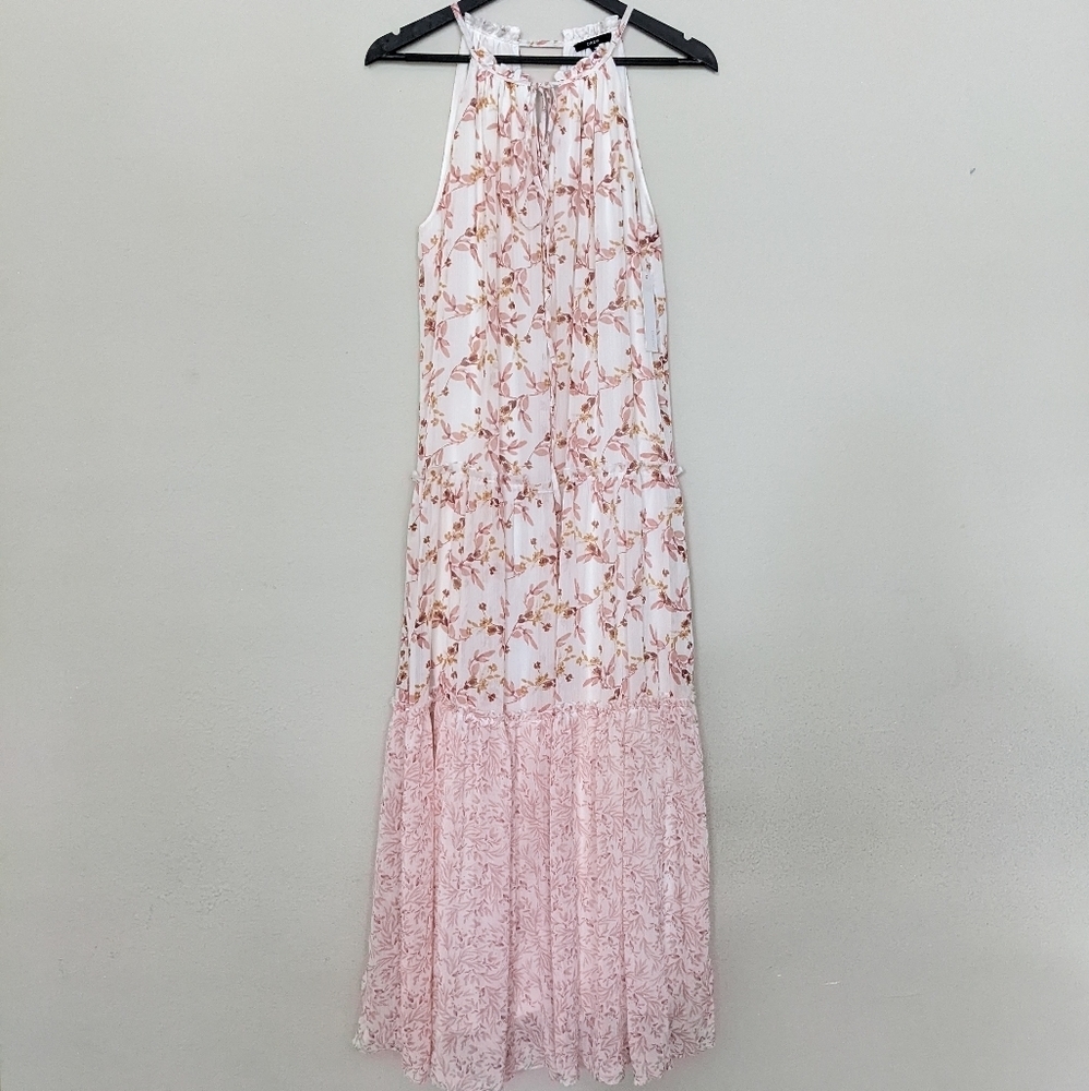 DREW Anthropologie Naomi pink floral ruffle chiffon halter keyhole dress size M